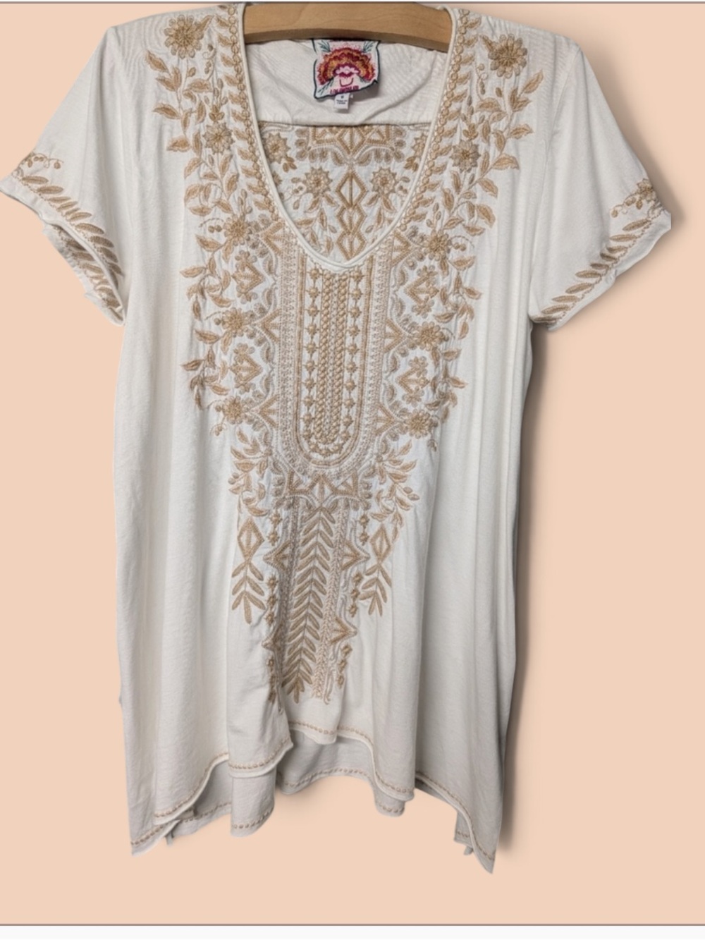 JOHNNY WAS Cream Embroidered V-Neck Cotton Peasant Boho Blouse Top
